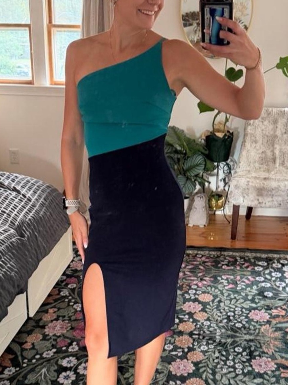 One-Shoulder Teal and Black cocktail Midi Dress